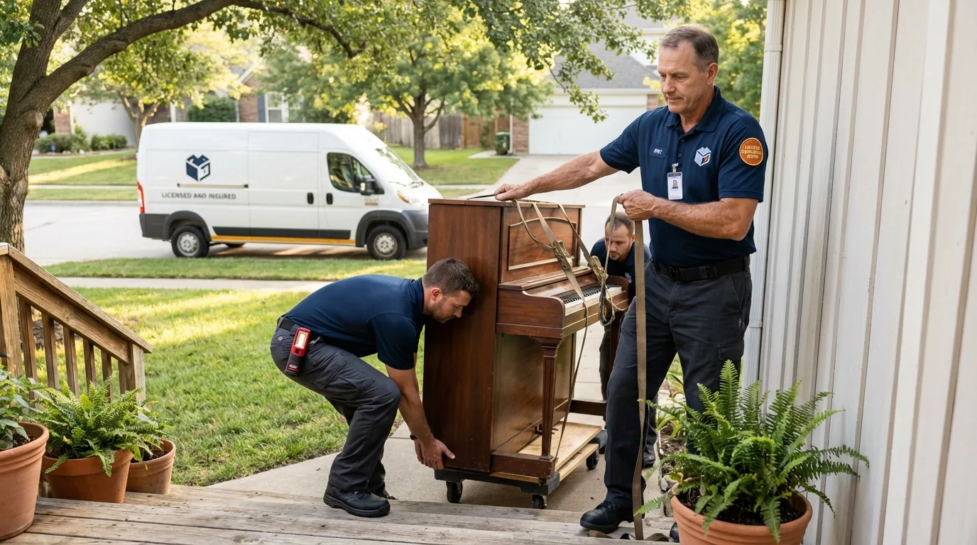 Licensed piano movers securing grand piano in La Crescent, MN